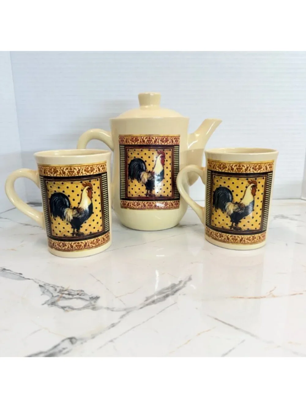 VTG Bay Island Inc Rooster Ceramic Teapot & Mugs 3-Piece Set Farmhouse Decor